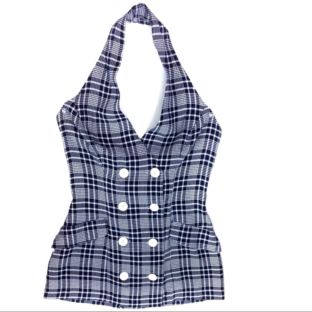 Rampage Plaid Halter Top Navy And White Size 5
